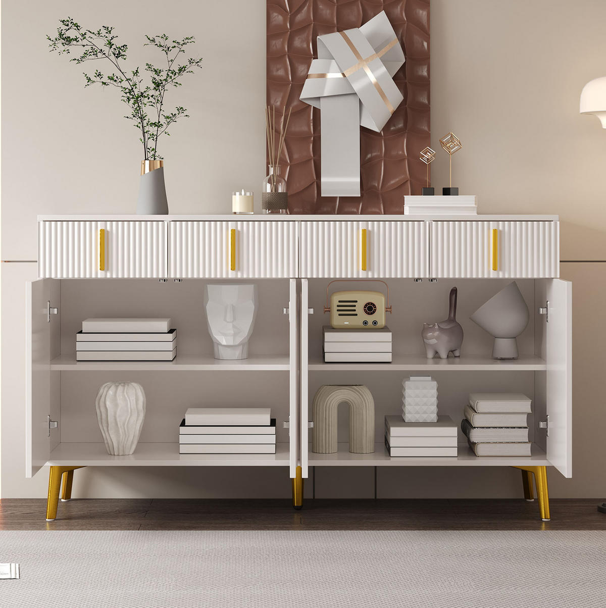 SIDEBOARD aus weißem MDF mit Melamin, 4 Türen und 4 Schubladen, goldene Griffe und Beine, 140/38/82 cm, Weiß - Weiß, Holzwerkstoff (140/82/38cm) - Redom