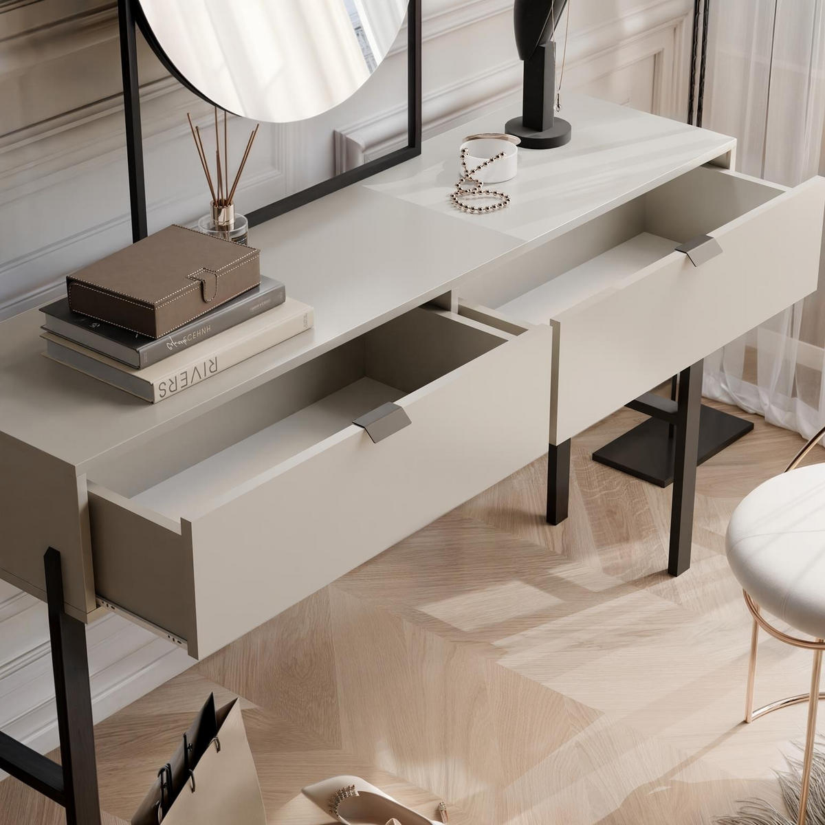 KONSOLENTISCH Calma Sandbeige, mit Schubladen - Beige/Schwarz, Holzwerkstoff (37/140/83cm) - Bettso