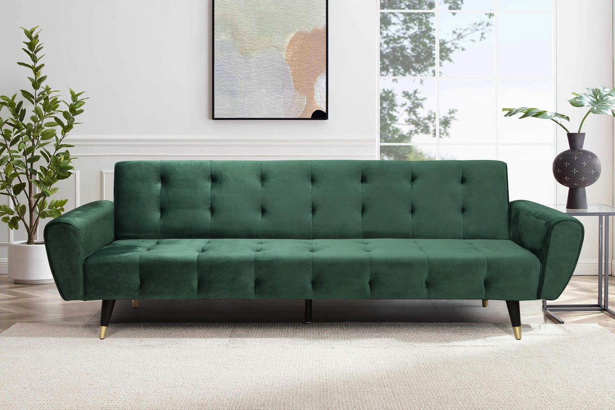 SCHLAFSOFA ontario grün 3-sitzer samt - Grün, Holz (219/83/83cm) - Concept Usine