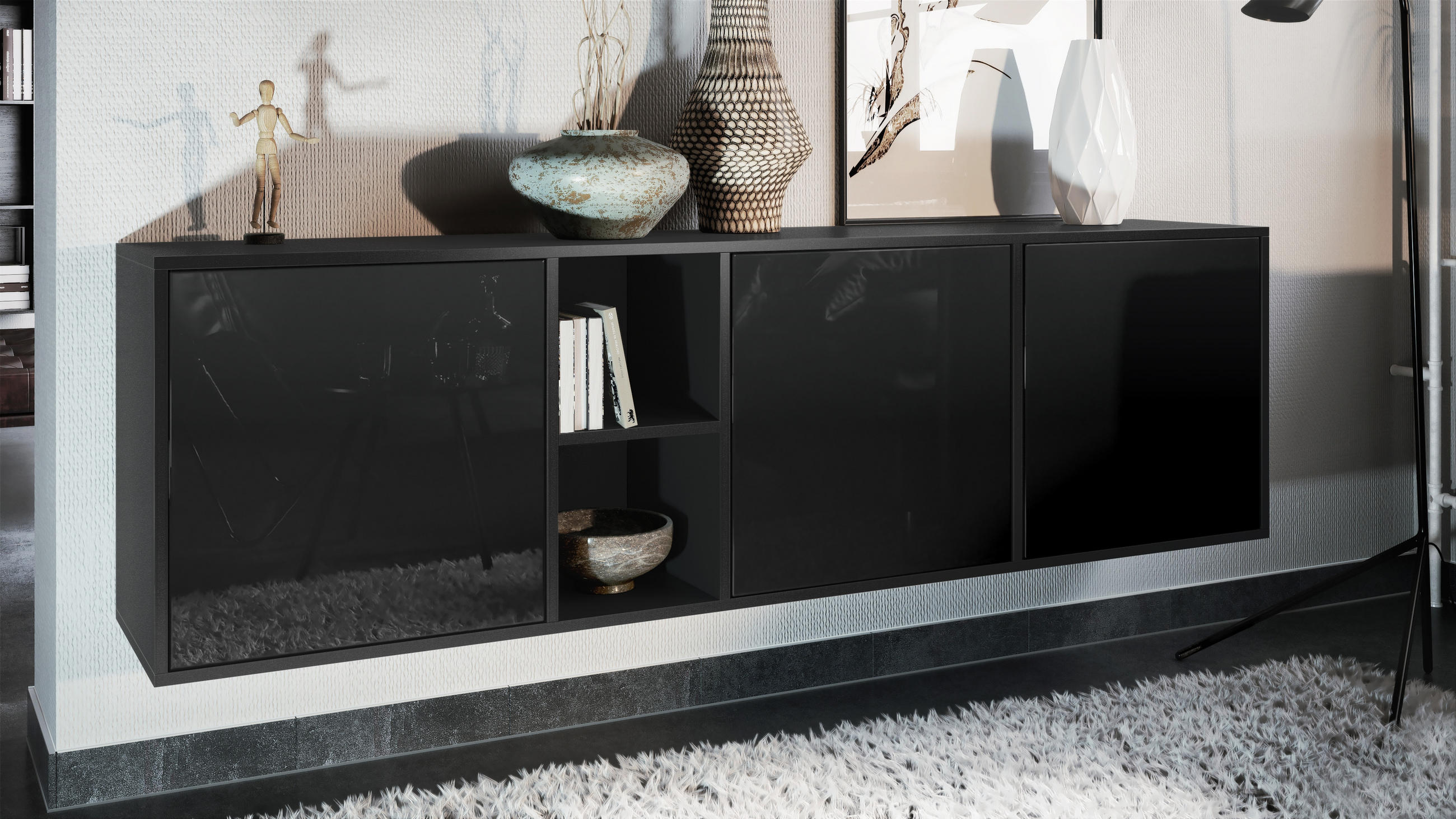 SIDEBOARD Cuba Türen in Schwarz Hochglanz - Schwarz Hochglanz, Holzwerkstoff (182/53/35cm) - Vladon