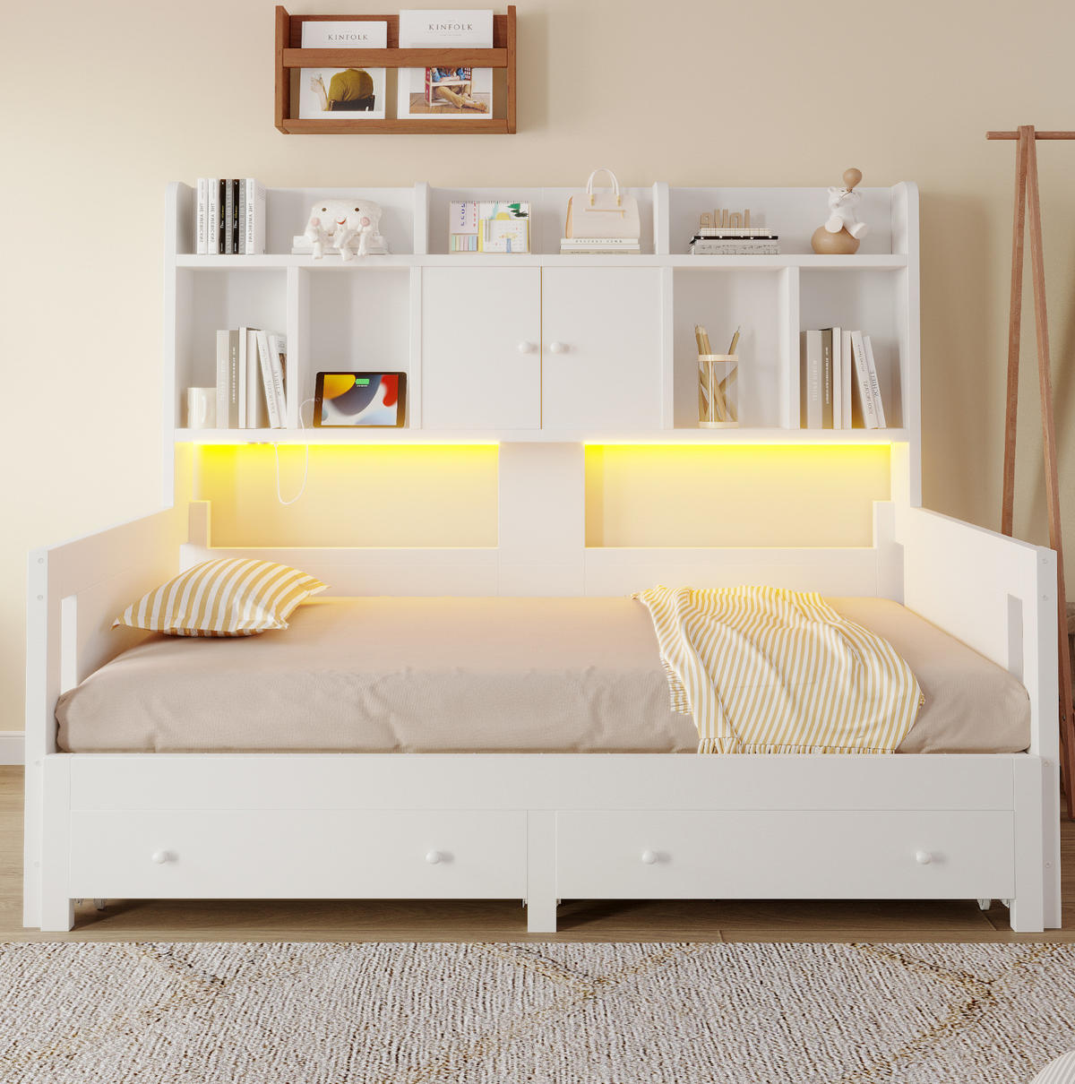 AUSZIEHBARES Schlafsofa aus Holz 90x190/180x190 cm Weiß mit Schubladen, LED-Beleuchtung und Steckdose - Weiß, Holz (90/190cm) - IVMEU