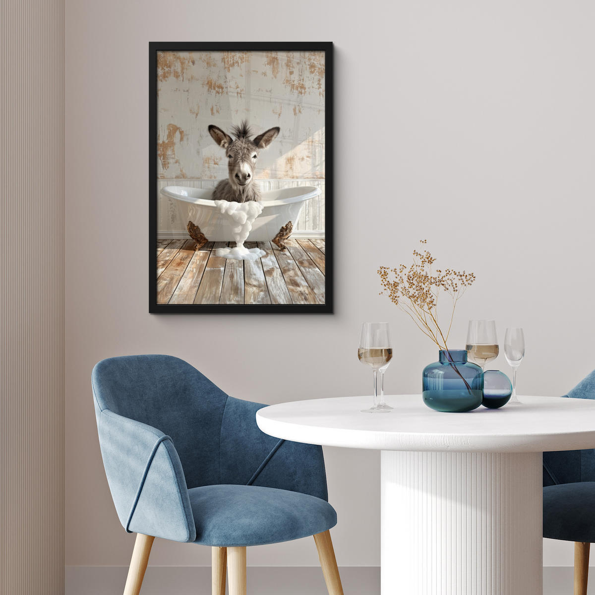 GERAHMTES BILD Esel - Tiere - Badewanne - Schaumstoff 40x60 cm - Weiß, Papier (40/60cm) - MuchoWow
