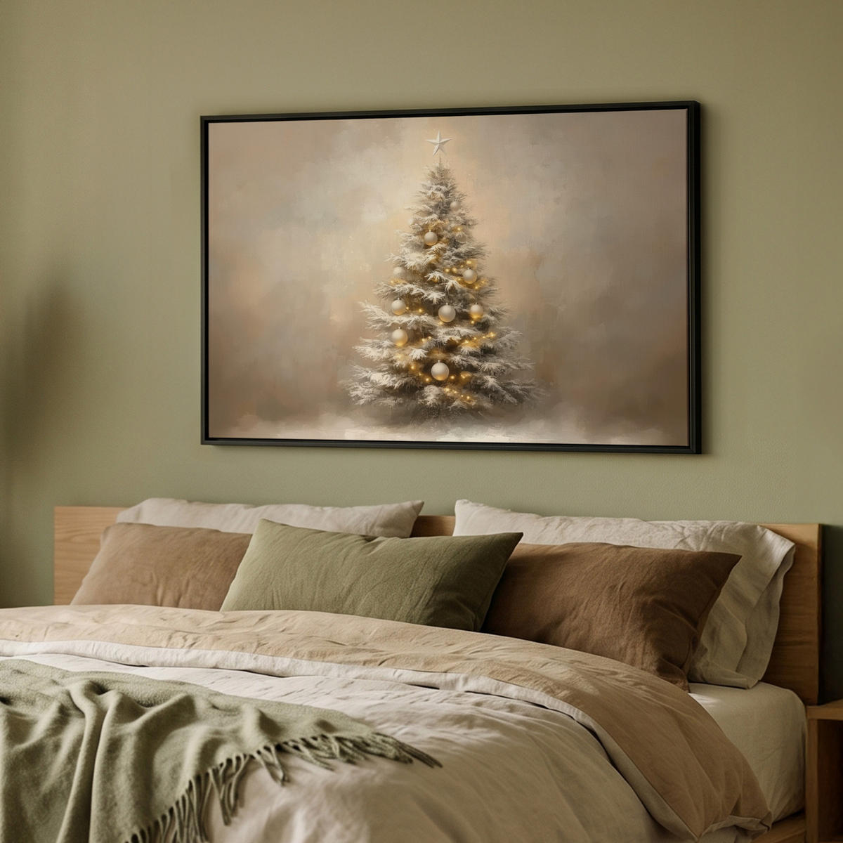 LEINWAND Bilder mit Rahmen - Weihnachten - Weihnachtsbaum - Schnee - Kunst - 90x60 - Champagner, Textil (90/60cm) - MuchoWow