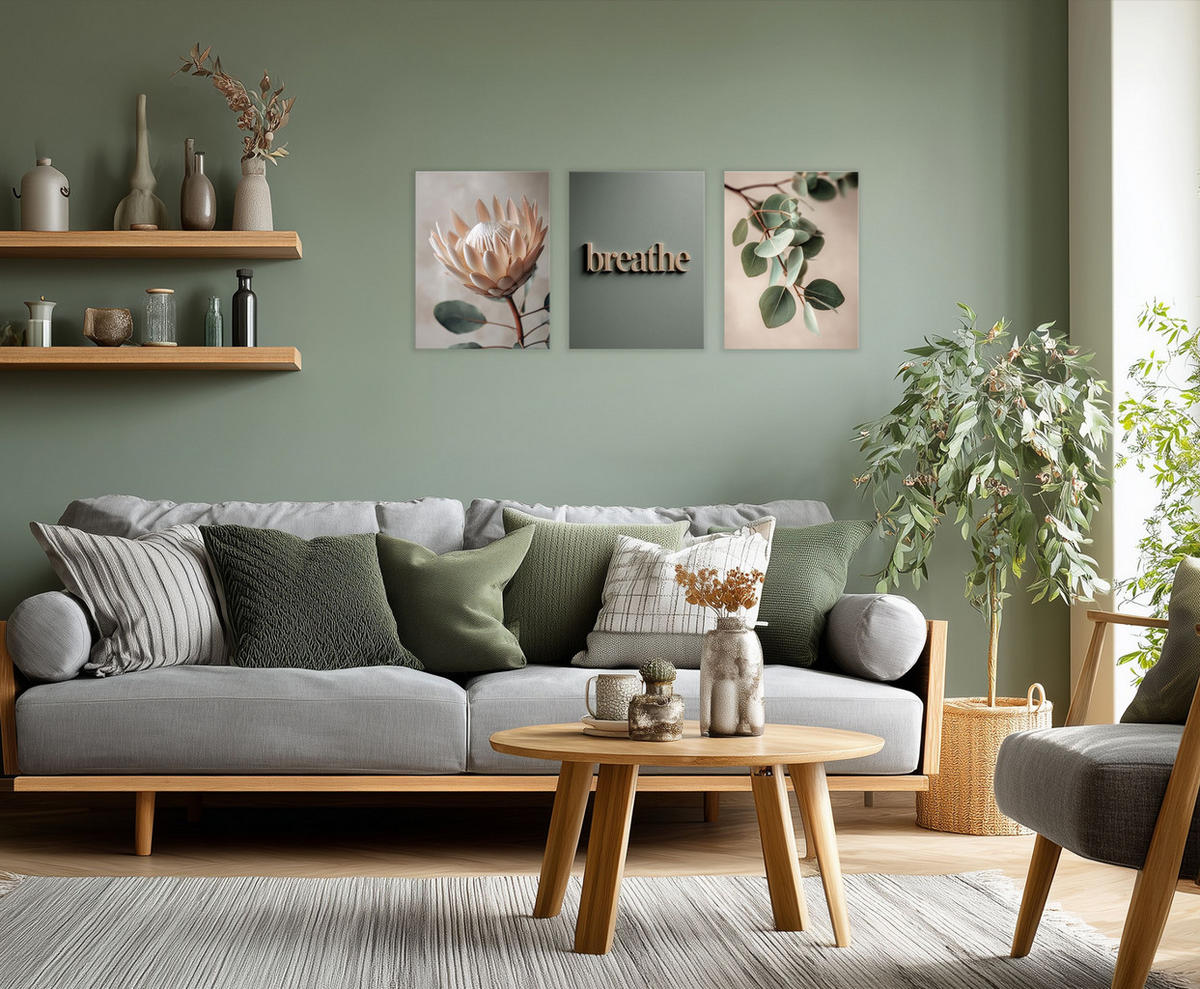 BILDERSET 3er-Set 30x40 cm Blumen salbei-grün beige - Beige, Kunststoff (30/40cm) - artissimo