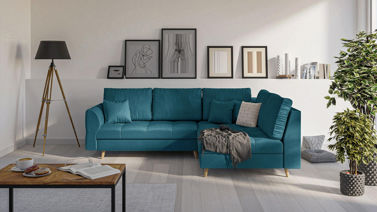 ECKSOFA Lorine Mikrofaser Blau - Blau/Hellbraun, Buchenholz/Textil (231/161cm) - S-Style Möbel