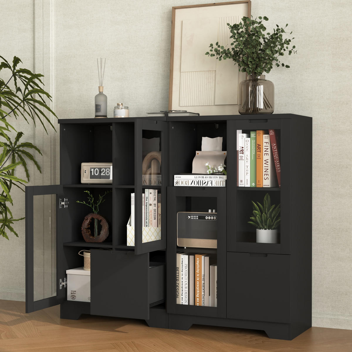 KOMMODE mit 2 Glastüren und verstellbaren Einlegeböden, MDF, grifflose Optik, 65/30/100 cm, Schwarz - Schwarz, Holzwerkstoff (65/100/30cm) - Redom
