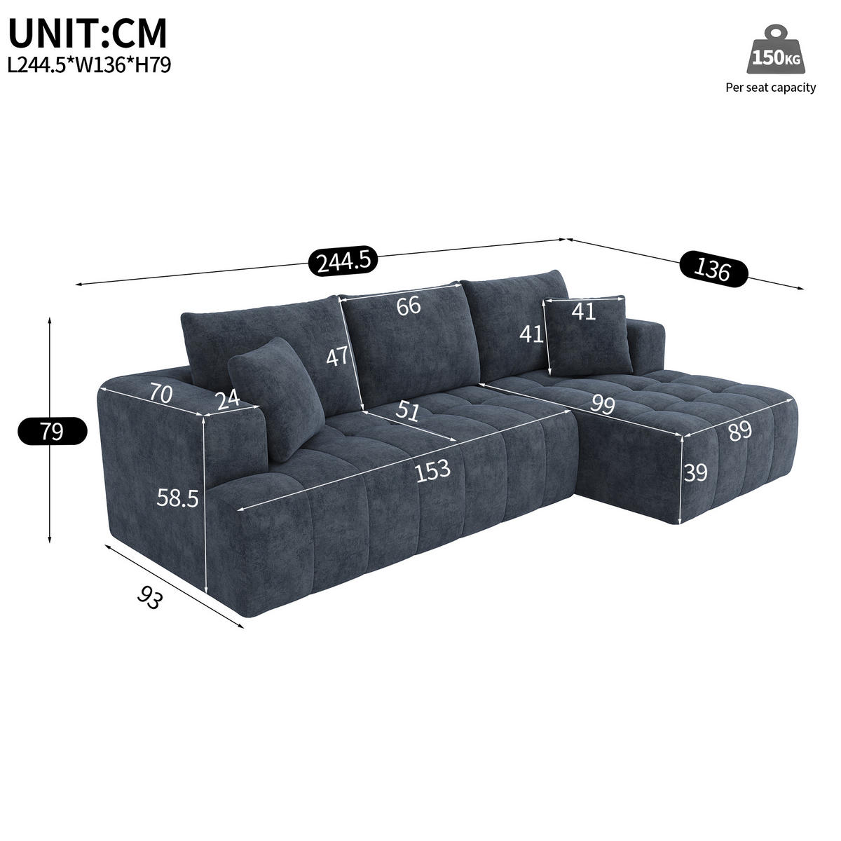 4-SITZER ECKSOFA Chenille Blau mit Kissen - Blau, Textil (244.5/136cm) - WISHDOR