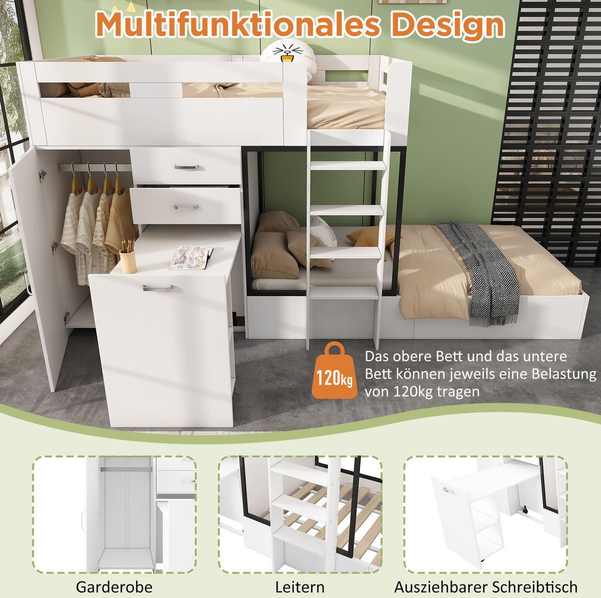 ETAGENBETT 90/200 cm in Weiß/Schwarz mit ausziehbarem Schreibtisch und Kleiderschrank - Weiß, Holzwerkstoff (90/200cm) - Flora Grace