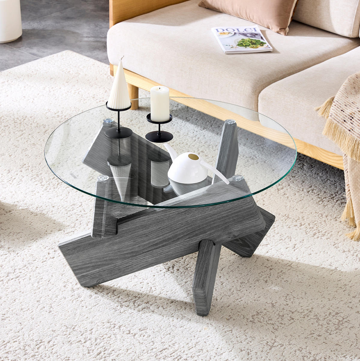 COUCHTISCH, MDF & Glas mit kreativer Kreuz-Stütze, graue Textur, 79/79/45 cm,grau - Grau, Holzwerkstoff (79/79/45cm) - Redom