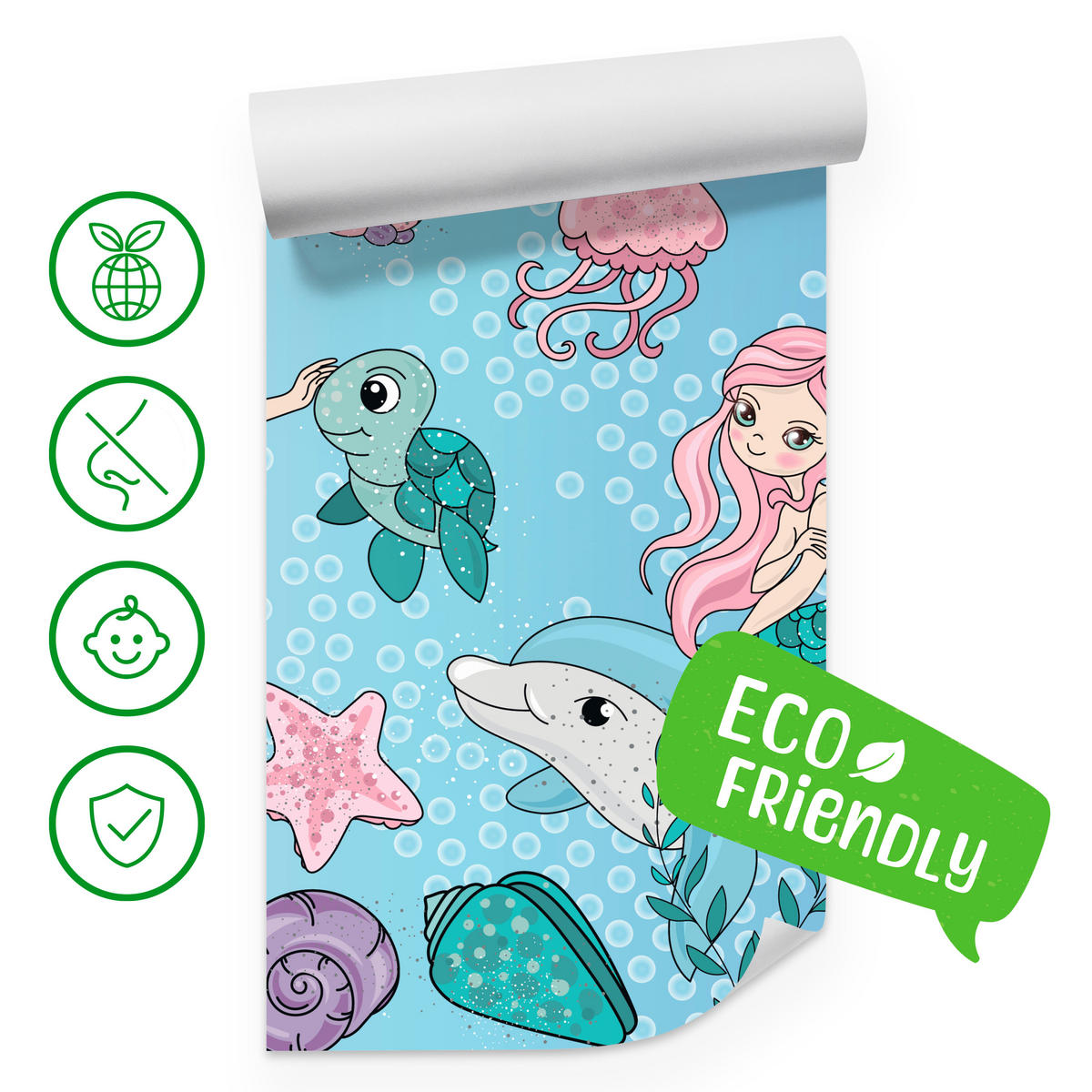 FOTOTAPETE für Kinderzimmer Meerjungfrauen Delfine Fische Muscheln Qualle Schildkröte 300x210 - Multicolor, Papier (300/210cm) - Muralo