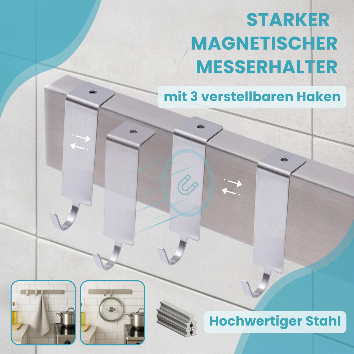 MESSERLEISTE 40cm inkl. 3 Haken Silber - Silberfarben, Metall (40/4/1.6cm) - CHEFGASTRO