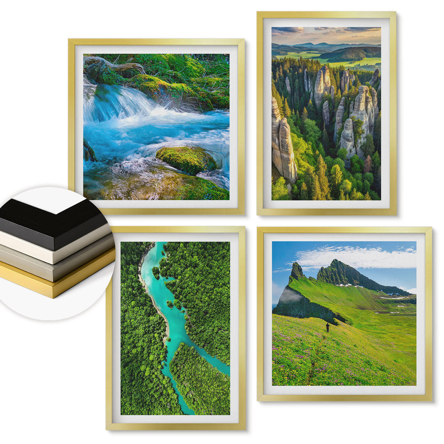 WANDBILDER 4er Set - 50x50 cm & 40x60 cm Goldrahmen - Grüne Berge, Flussfelsen - Goldfarben, Kunststoff (50/50cm) - ArtPrintCave