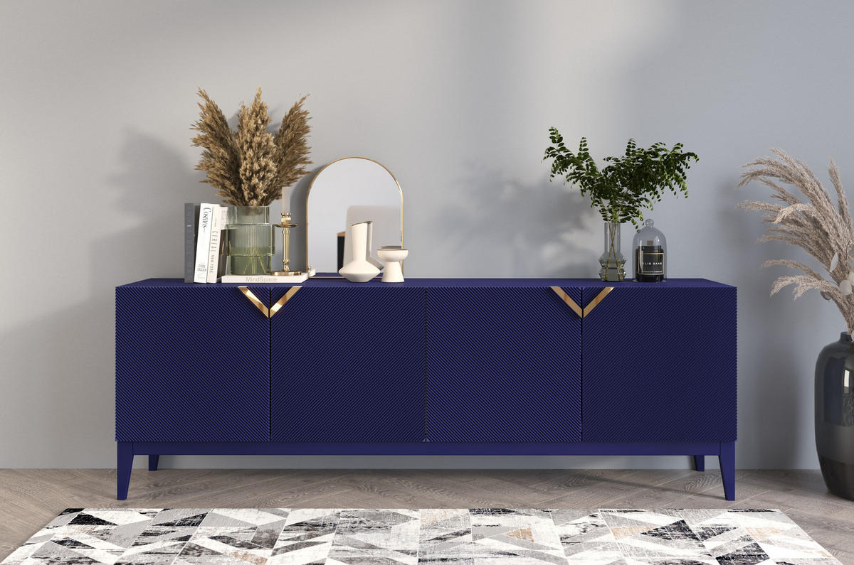 SIDEBOARD Demi Long, Marinblau-Gold, Mit Gefrästen Fronten, Massive Buche - Dunkelblau, Holz/Holzwerkstoff (201.5/70/42cm) - Visby