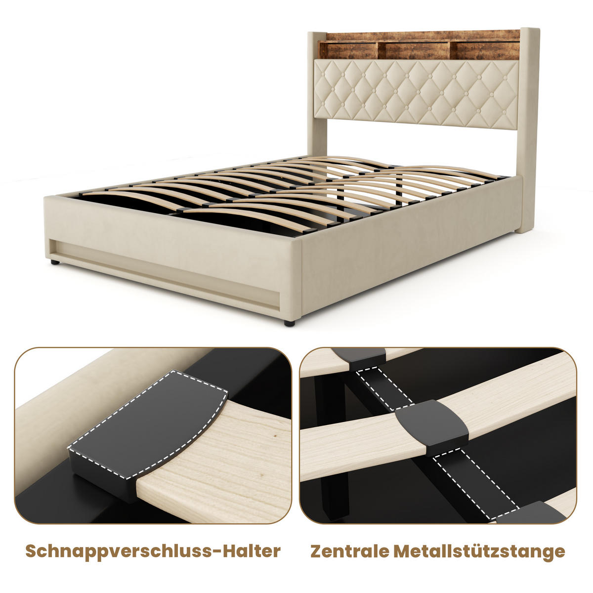 POLSTERBETT 160/200 cm Beige mit LED-Lichtleiste und USB-Anschlüssen - Beige, Holzwerkstoff (160/200cm) - OKWISH