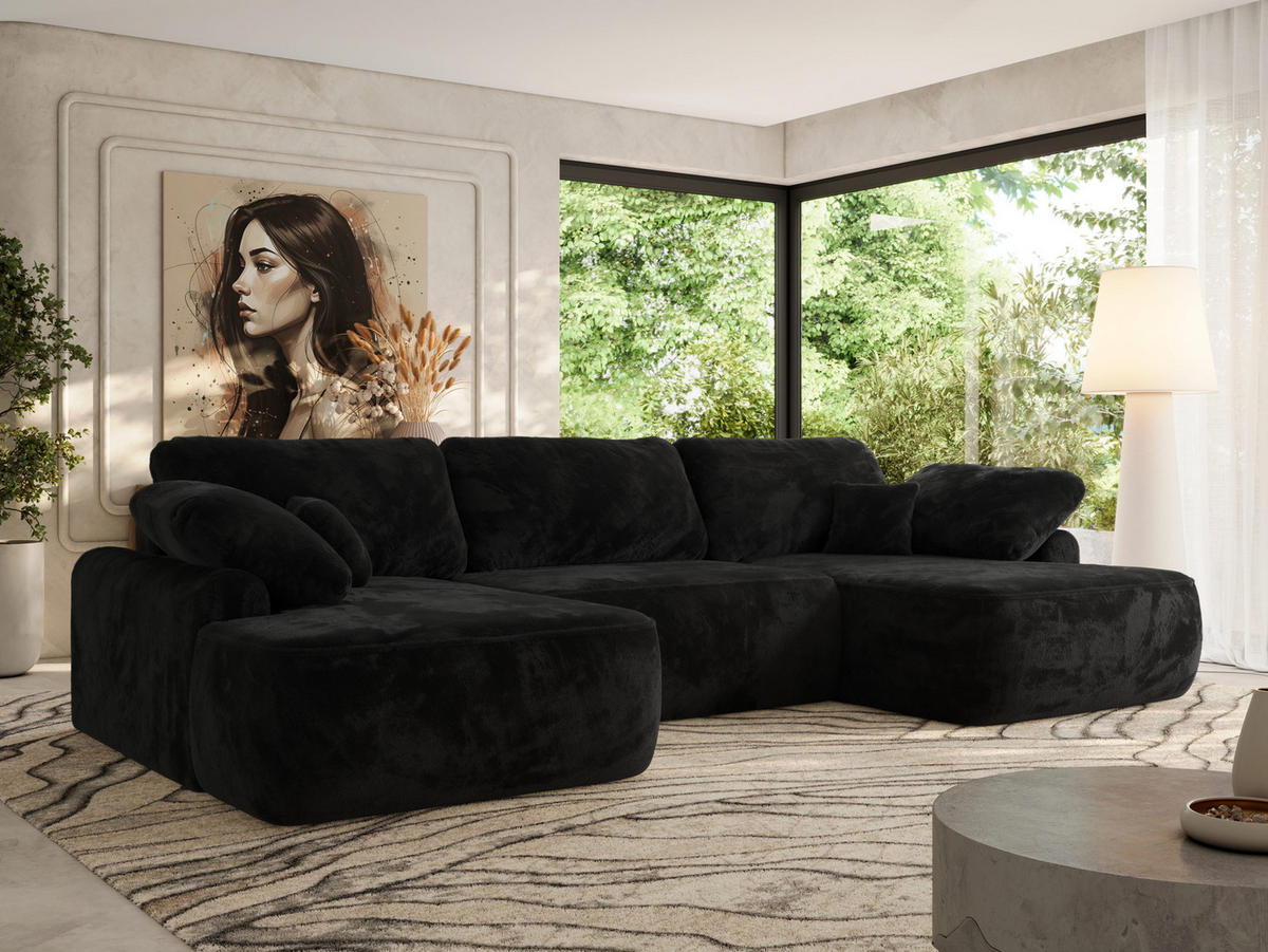 WOHNLANDSCHAFT CUBO U Schwarz Plüsch - Schwarz, Kunststoff/Textil (370/100/187cm) - MKS