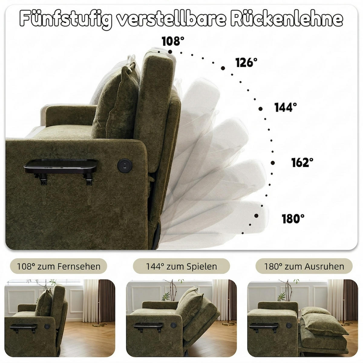 SCHLAFSOFA 172.5/71/95 cm Grün mit USB-Anschluss, 5-fach verstellbarer Rückenlehne und Stauraum - Grün, Textil (71/95/172.5cm) - Oxeza
