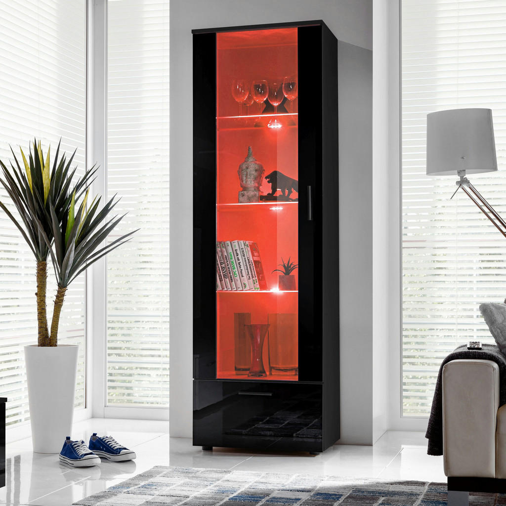 Thumbnail - Komodee Vitrine, Schwarz, Schwarz, Glas, Uni, 3 Fächer, Rechteckig, 60x192x42 cm, Wohnzimmer, Wohnwände, Vitrinenschränk...