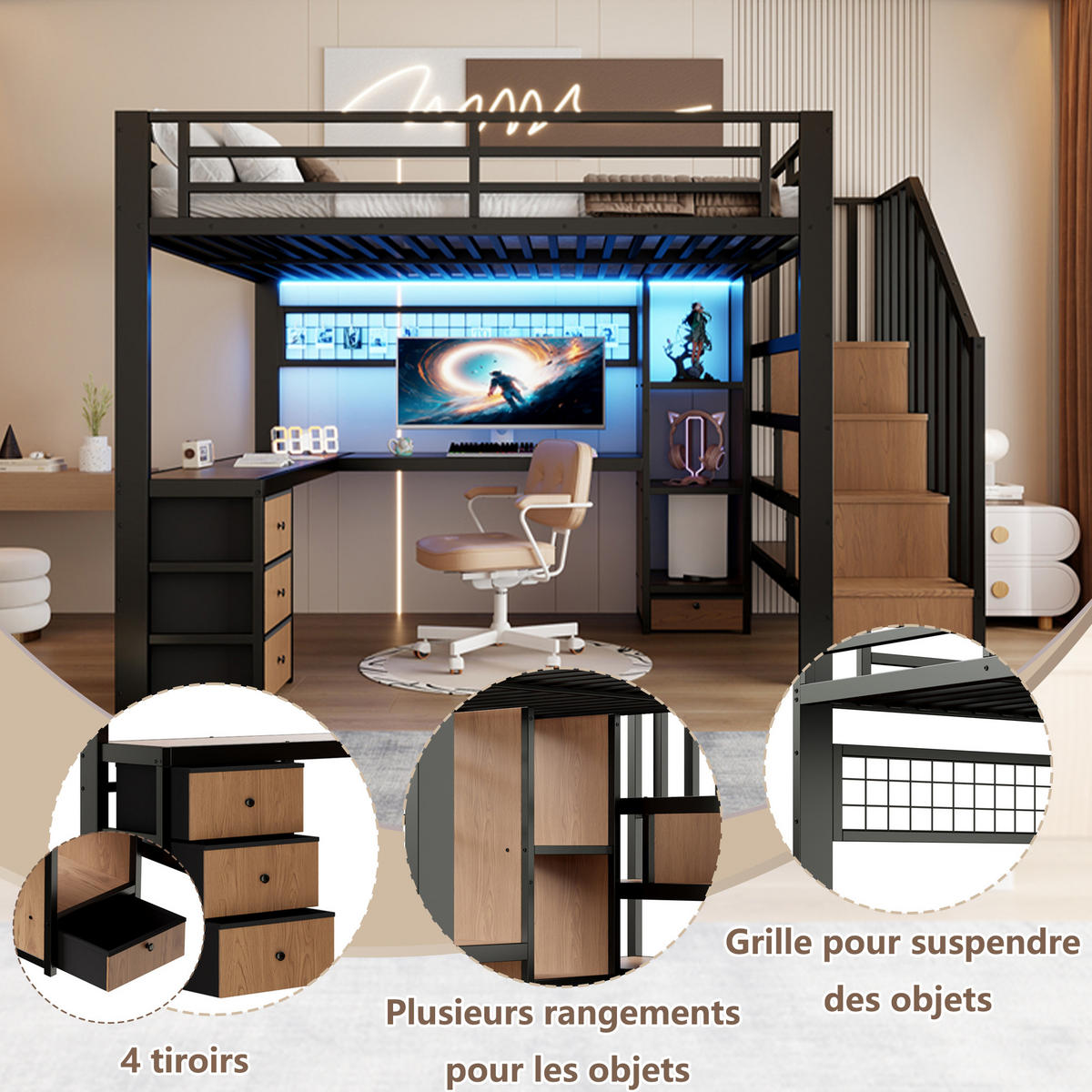 HOCHBETT 140/200 mit LED, Schreibtisch, Schubladen und Stauraumtreppe in Schwarz - Schwarz, Holzwerkstoff/Metall (140/200cm) - EVRYAE