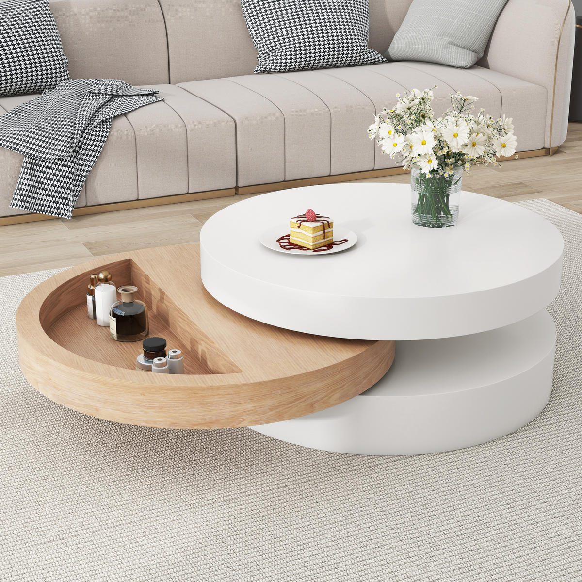 COUCHTISCH Weiß/Natur 360° drehbar mit Stauraum 60/60/35 cm - Weiß, Holzwerkstoff (60/60/35.1cm) - PANGIVO
