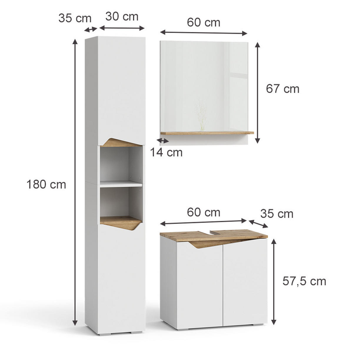 BADMÖBEL-KOMBINATION Marelle Weiß 3 Teile, mit Hochschrank - Weiß/Eiche Artisan, Holzwerkstoff (60/57/35cm) - Vicco
