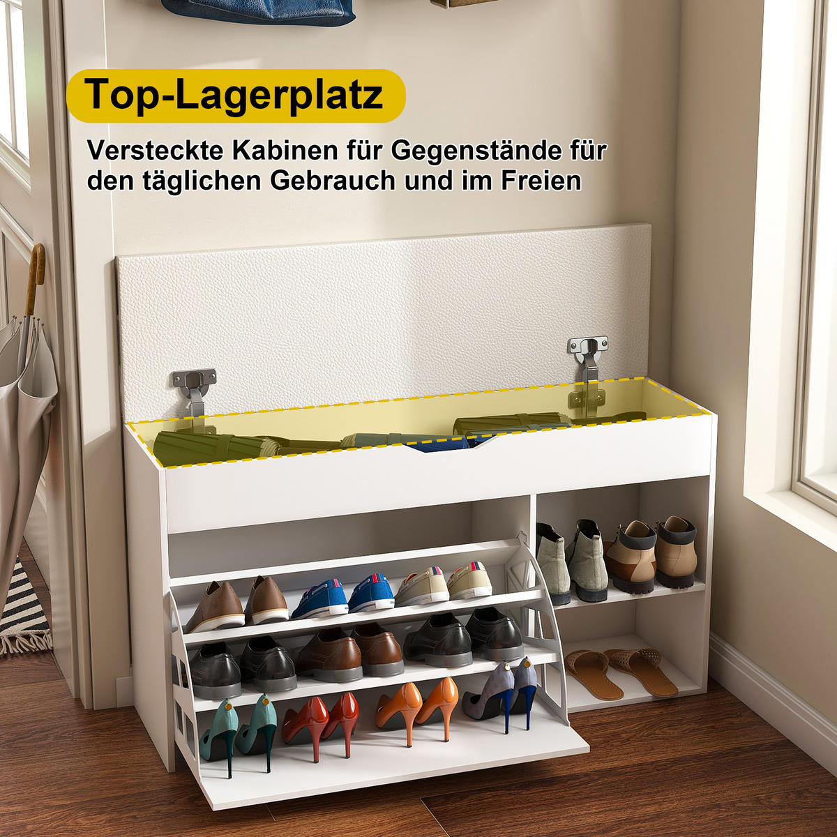 SCHUHBANK weiß & pu-leder, mit staufach & gepolsterter sitzfläche - Weiß, Holzwerkstoff (100/52/30cm) - Urban Meuble