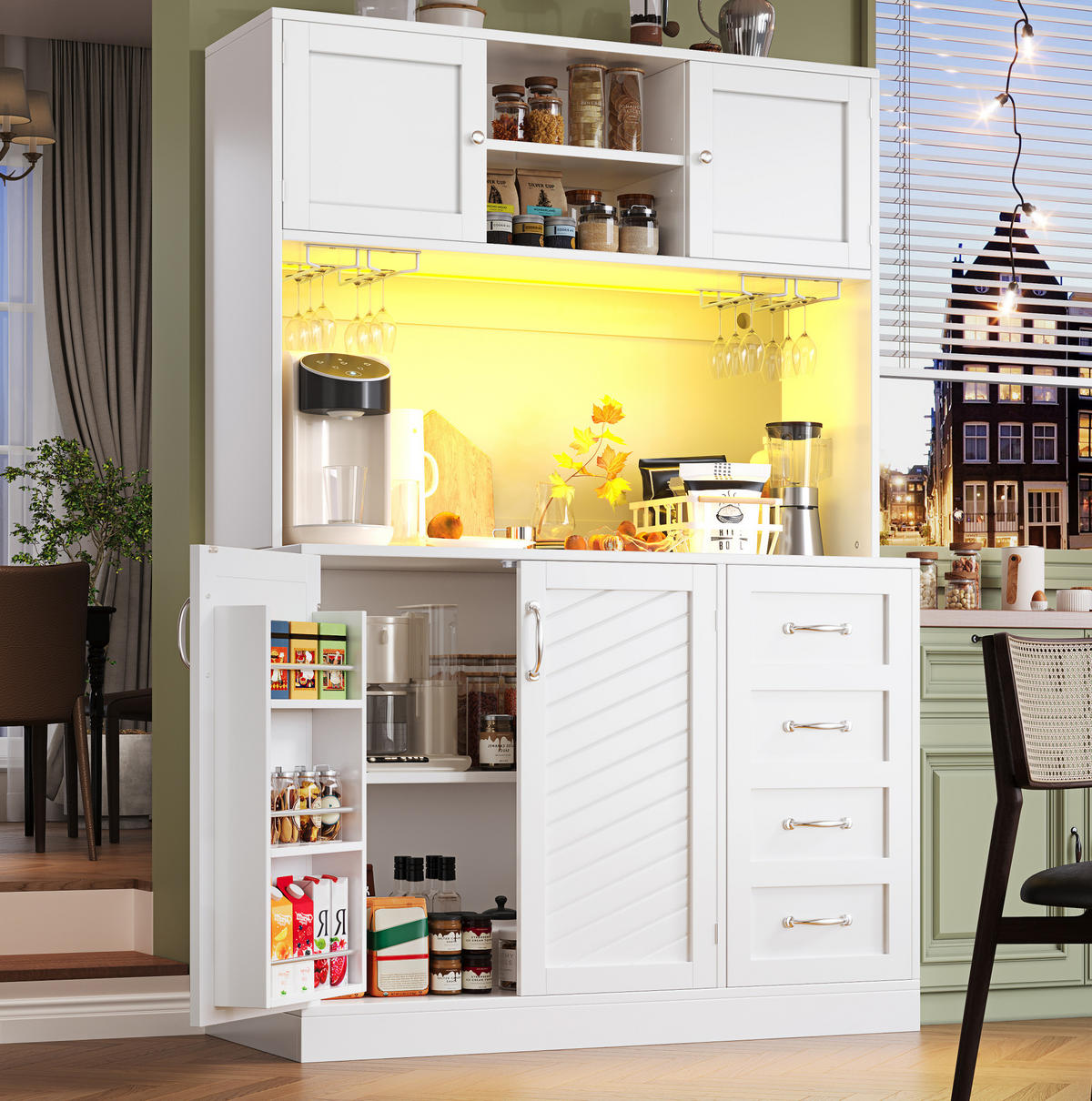BUFFETSCHRANK 120/40/188 cm weiß aus MDF mit LED-Beleuchtung - Weiß, Holzwerkstoff (120/188/40cm) - OKWISH