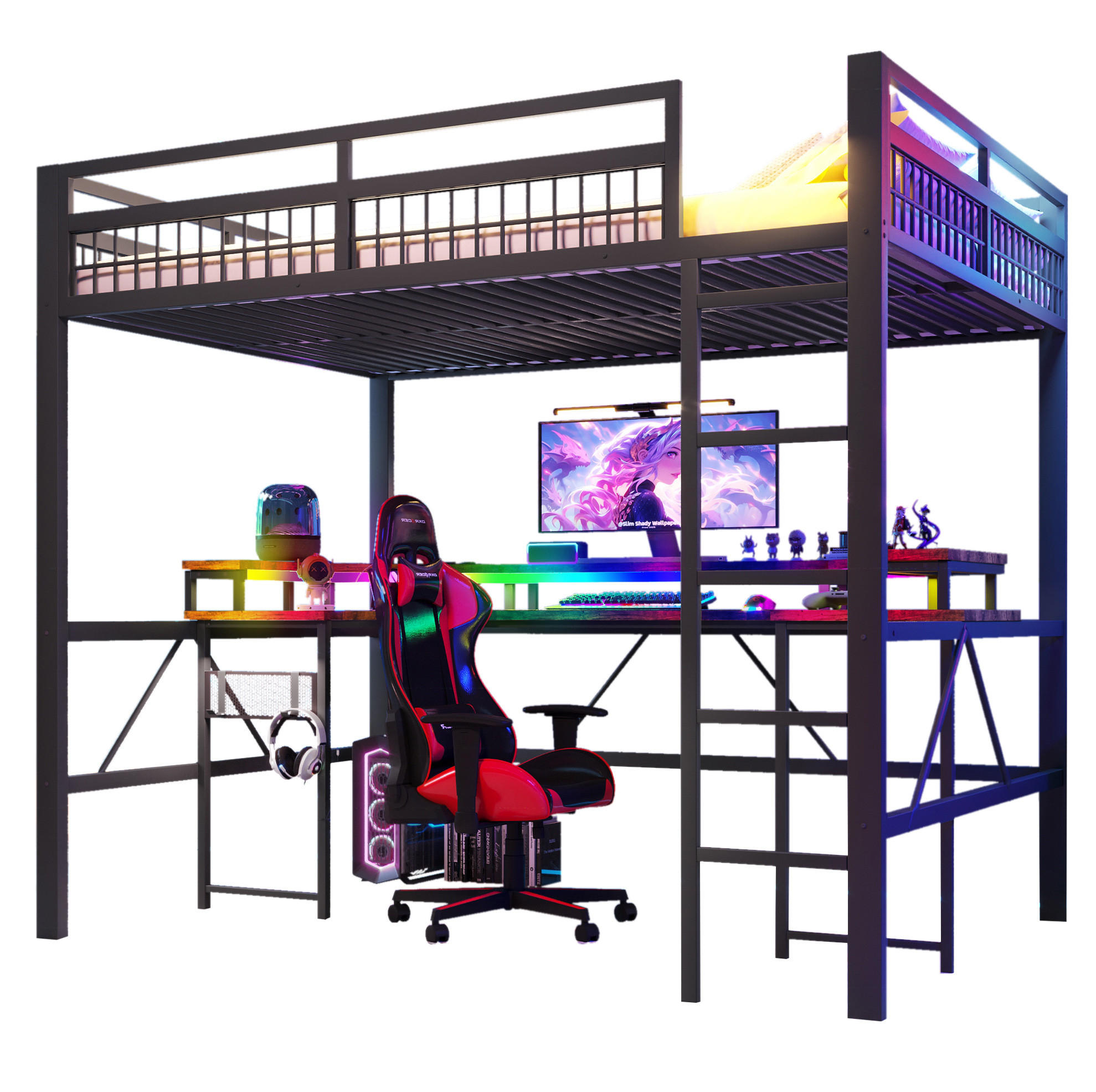 HOCHBETT 140/200 cm schwarz aus Metall mit Schreibtisch und LED - Schwarz, Metall (140/200cm) - OKWISH