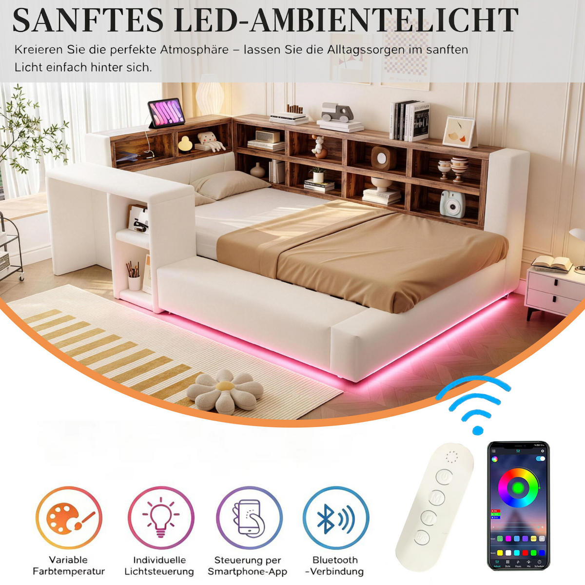 POLSTERBETT 90/200 cm in Beige mit Staufächern, LED, Steckdosen und Beistelltisch aus Samt, gepolstertem Kopfteil - Beige, Holzwerkstoff/Textil (90/200cm) - STILVORA