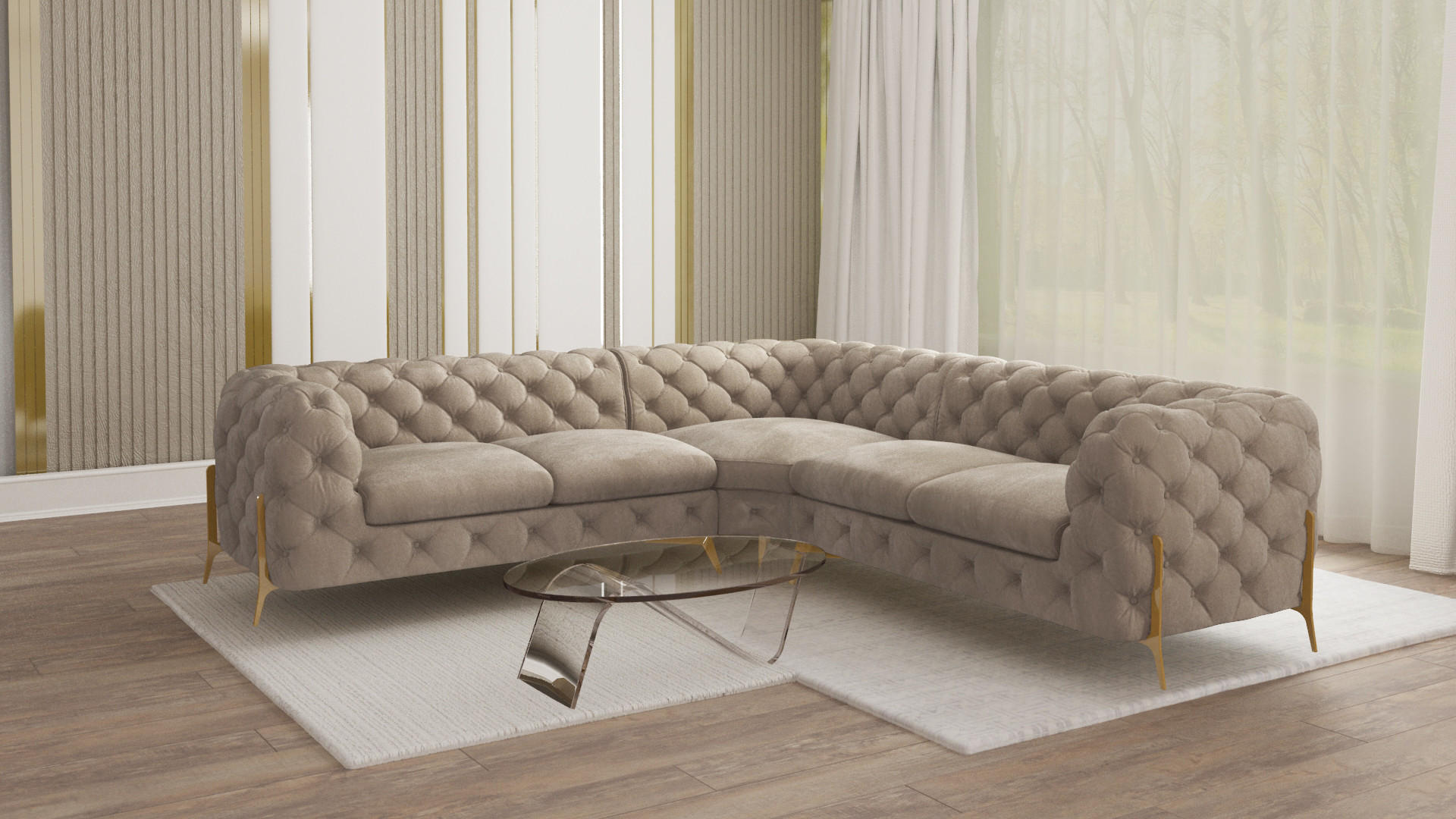 ECKSOFA Chesterfield Lexi Dunkle Creme Samt - Goldfarben/Creme, Holz/Textil (264/264cm) - S-Style Möbel