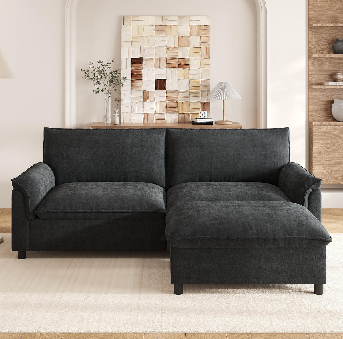 SOFA 216/77/82 cm Schwarz aus Chenille mit Fußhocker und Stauraum - Schwarz, Textil (77/82/216cm) - OKMYHOME