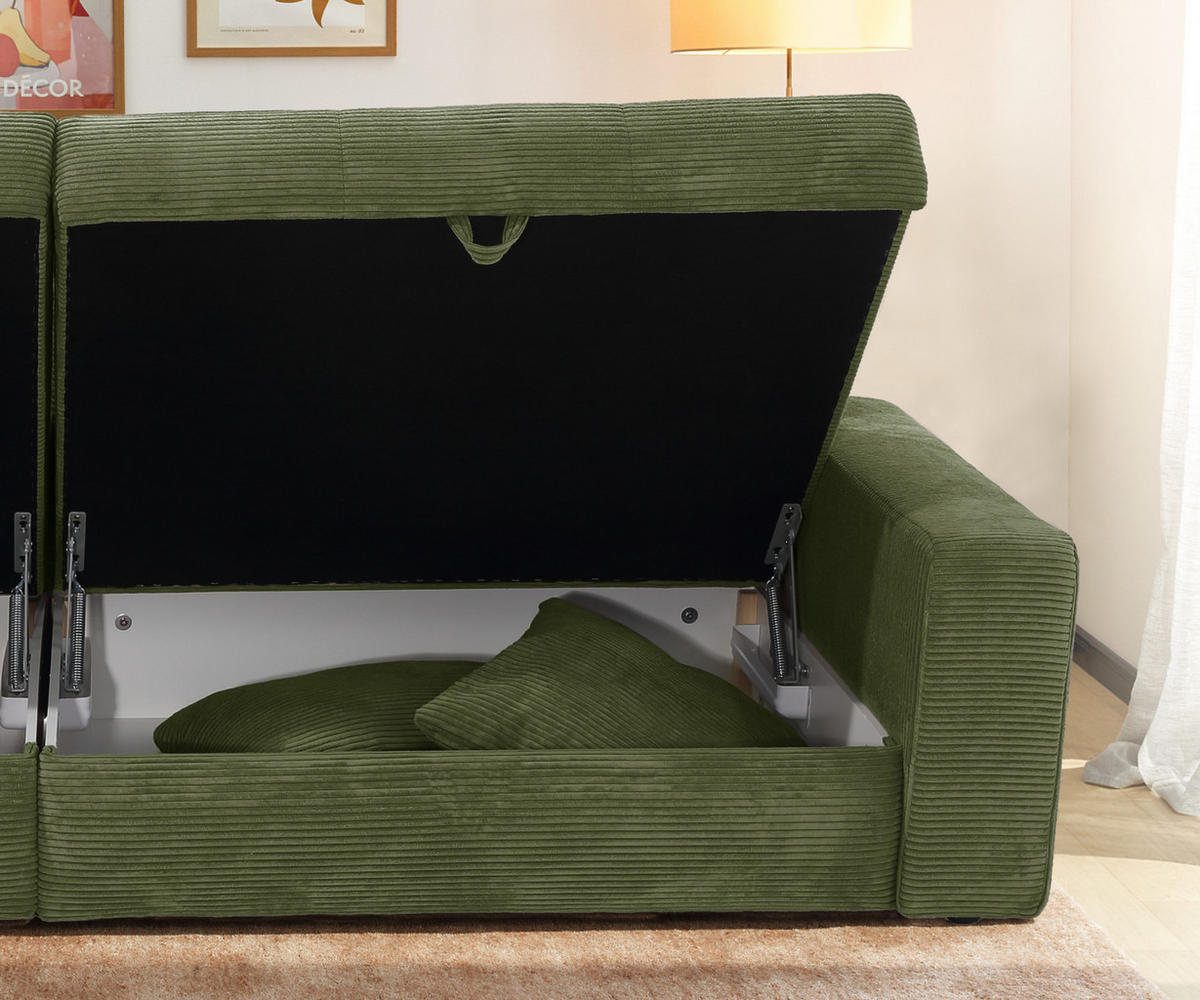 BIG-SOFA mit 2 Bettkästen, viel Stauraum, B274/T113/H84 cm, Liegefläche 103x241 cm, Cord Grün / 15262 - Grün, Kunststoff/Textil (284/84/113cm) - luma-home