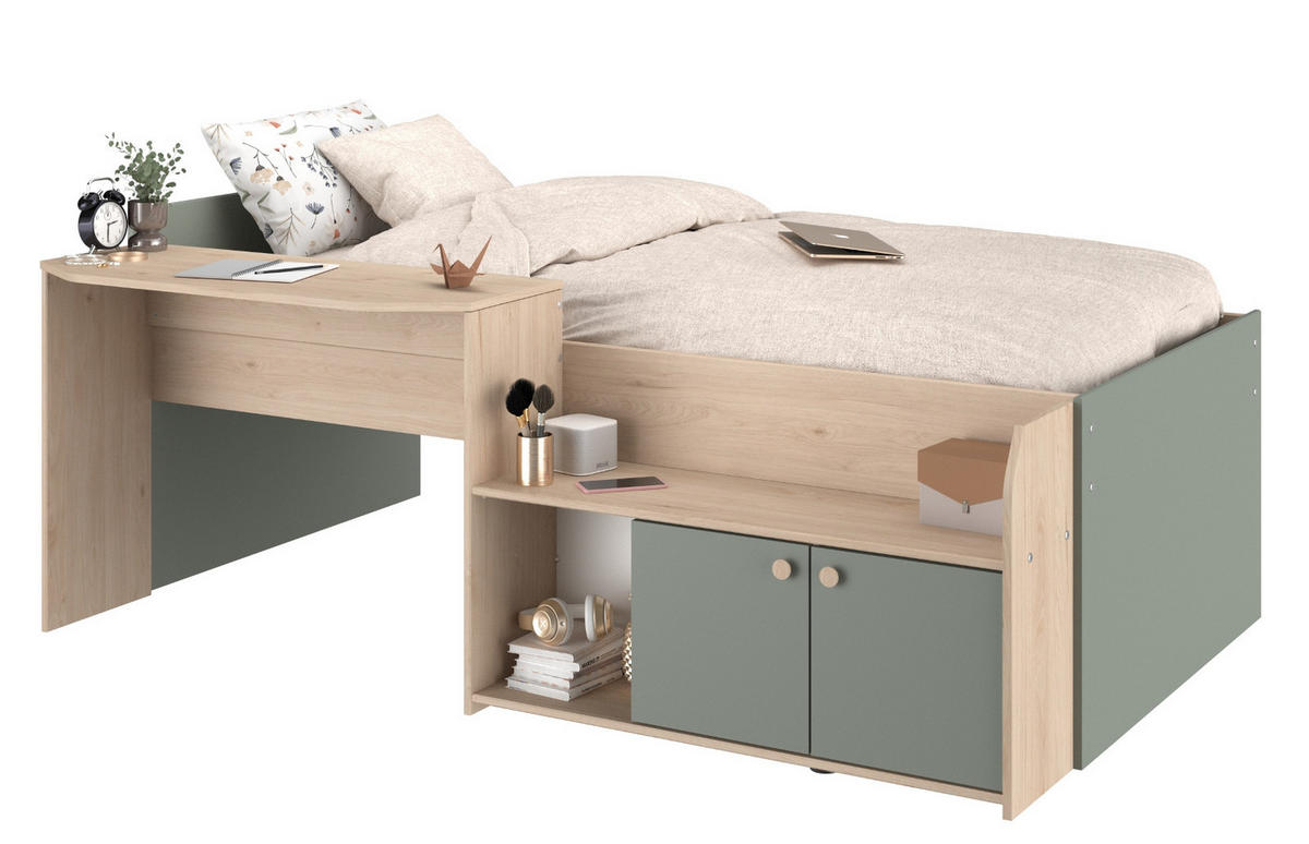 HOCHBETT Eiche, grün, Stauraum-Bett für Kinder- und Jugendzimmer - Salbeigrün/Eichefarben, Holzwerkstoff (90/200cm) - Parisot Meuble