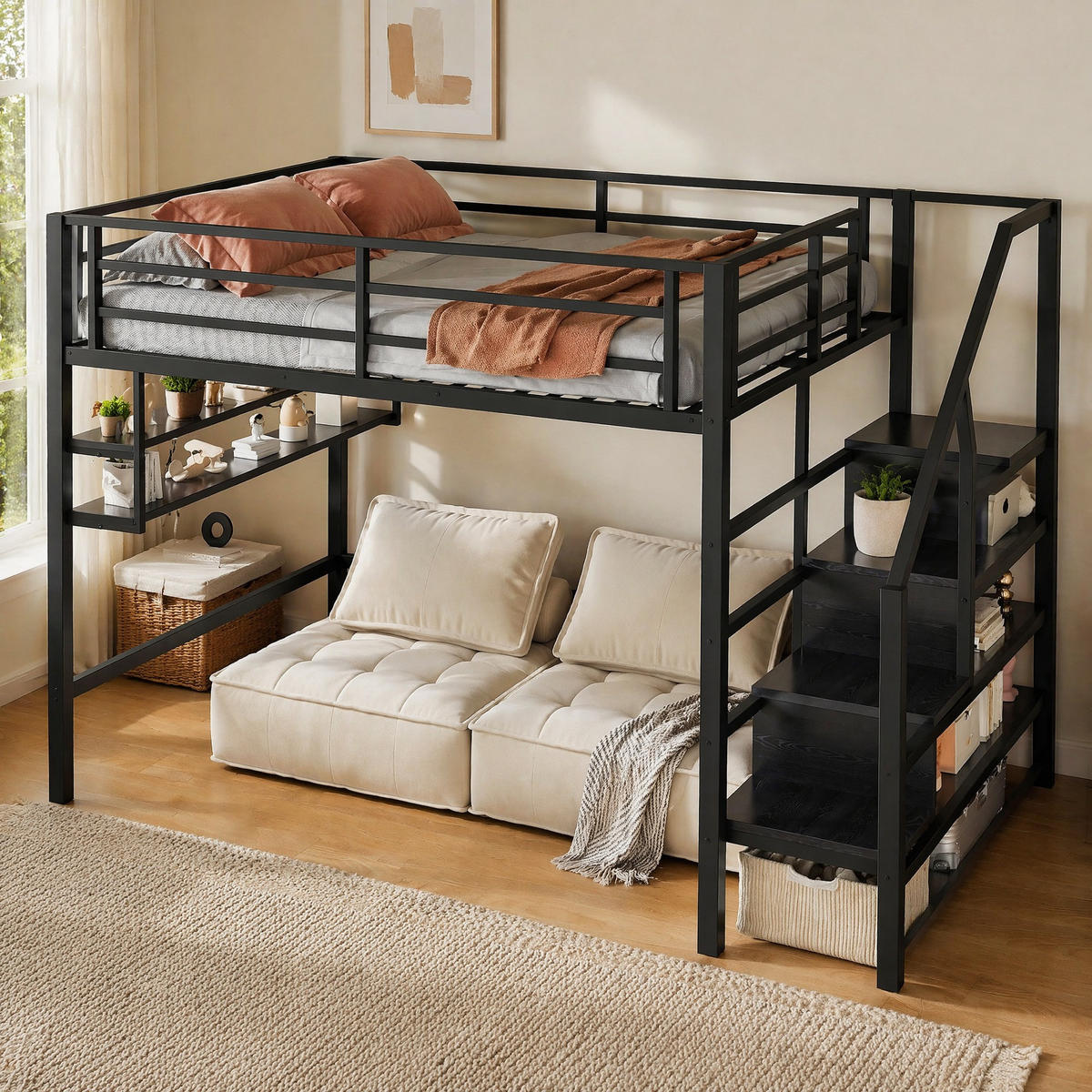HOCHBETT 140/200 cm Schwarz aus Metall mit Stauraumleiter - Schwarz, Metall (140/200cm) - OKMYHOME