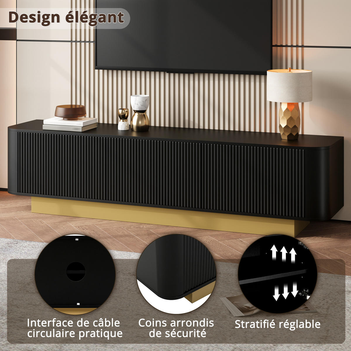 TV-LOWBOARD 200 cm aus MDF, Holzoptik, 3 Türen, Stauraum, abgerundet, Kabelmanagement, Schwarz - Schwarz, Holzwerkstoff (200/47/40cm)