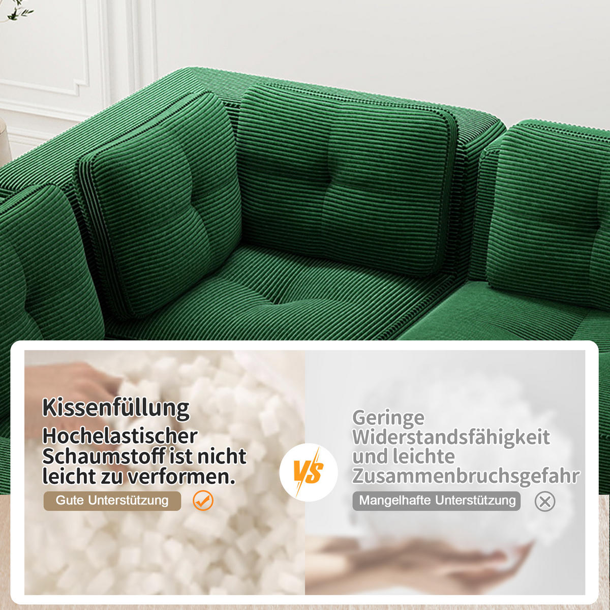 2-SITZER Sofa 208x104x69 cm aus Cordstoff rahmenlos modular, grün - Grün, Textil (104/69/208cm)