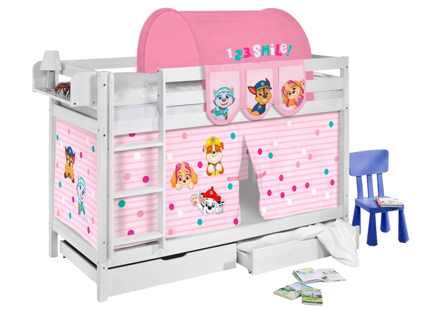 ETAGENBETT JELLE 90x200 cm Paw Patrol rosa - weiß - inkl. Vorhang und 2 Lattenrosten - Weiß, Holz - Lilokids