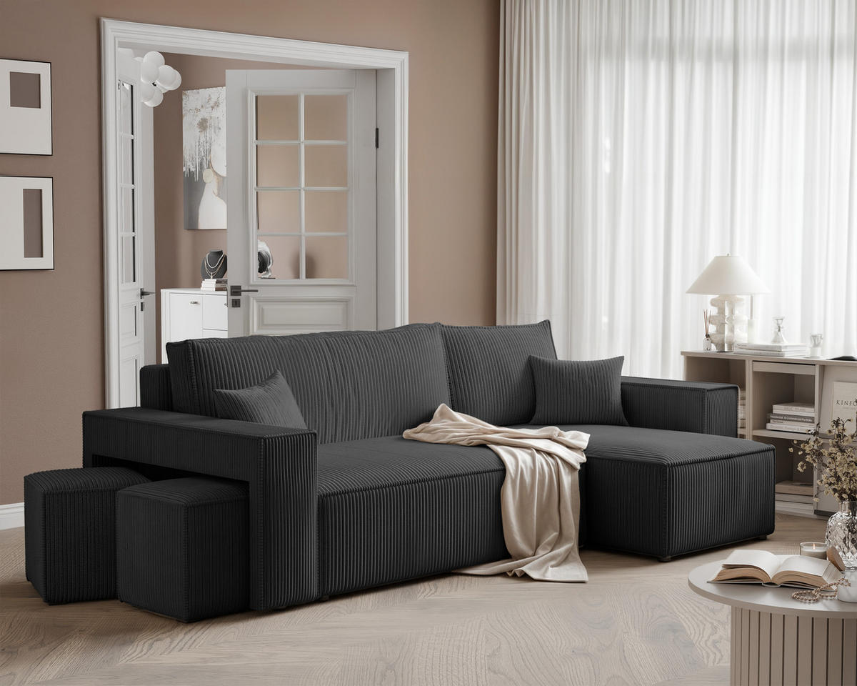 ECKSOFA PARIS mit Schlaffunktion und Bettkasten Anthrazit - Anthrazit, Holzwerkstoff/Kunststoff (262/145cm) - Idohome