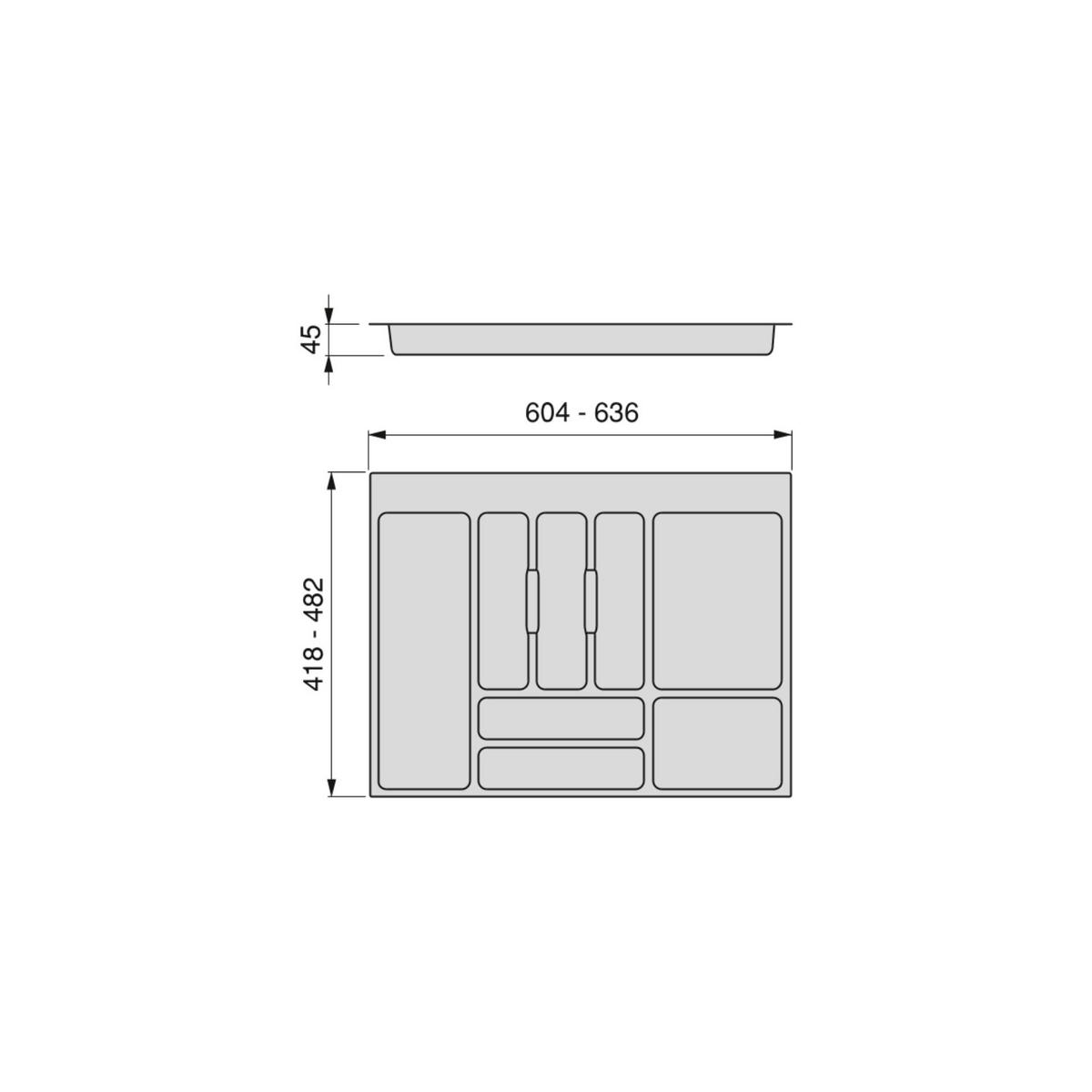 BESTECKEINSATZ Optima für Universalschublade, Modul 700mm, Kunststoff, Grau - Grau, Kunststoff (52/5/65cm) - EMUCA