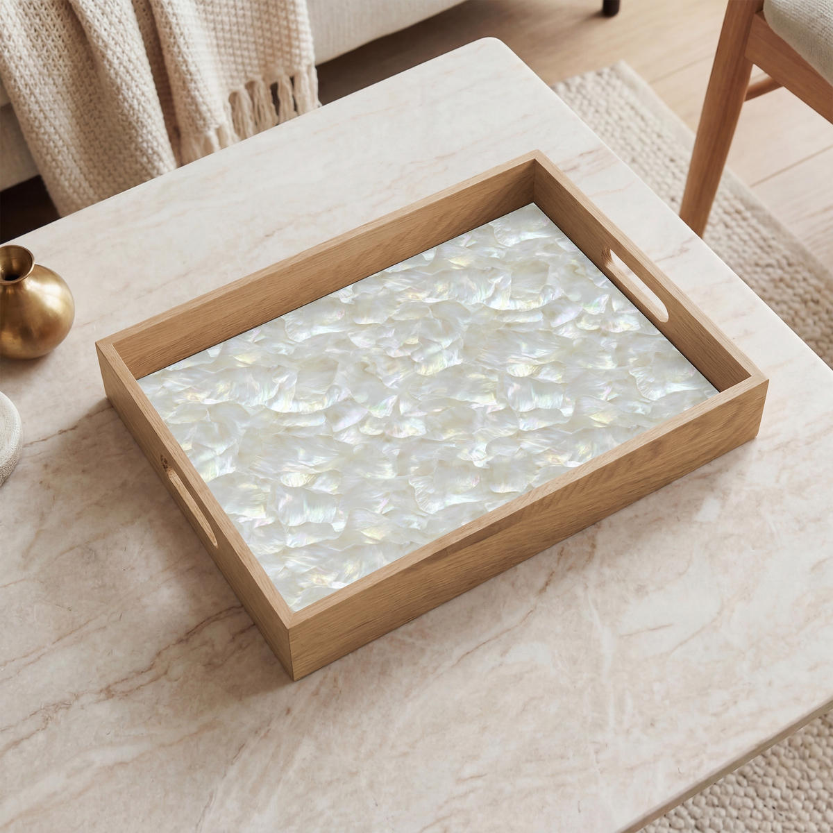 SERVÍROVACÍ PODNOS Perleťový lesk - Bílá - Shell 40x30 cm - bílá, dřevo (40/5/5cm) - OnlyWow