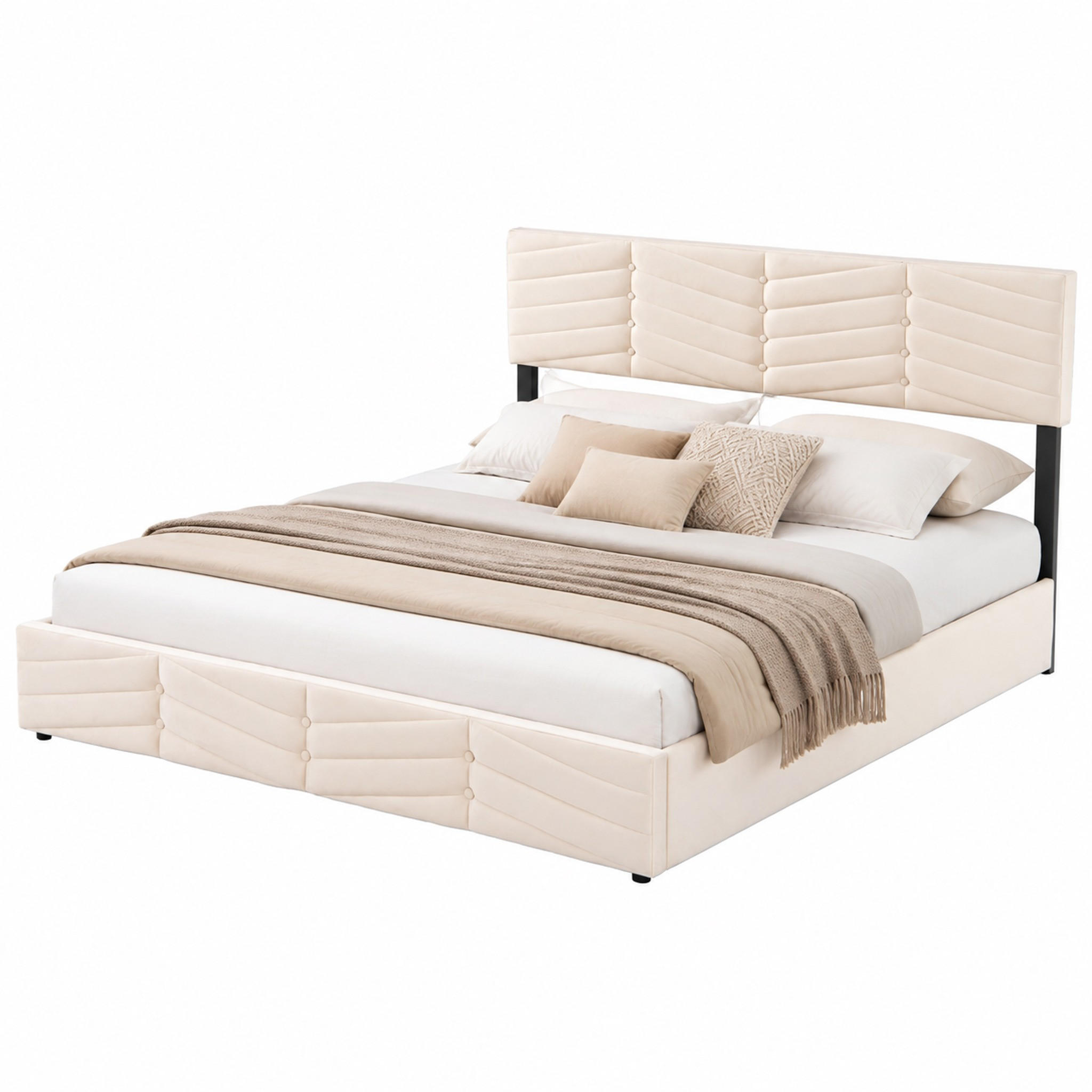 BETT mit Bettkasten und verstellbarem Kopfteil 160x200 cm Samt Beige - Beige, Metall (160/200cm) - Beauniv
