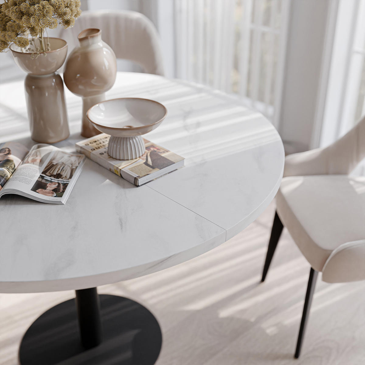 TISCH einbeinig schwarzes Bein, MDF Tischplatte, Marmor Bianco - Schwarz/Weiß, Holzwerkstoff (100/100/76cm) - Idohome
