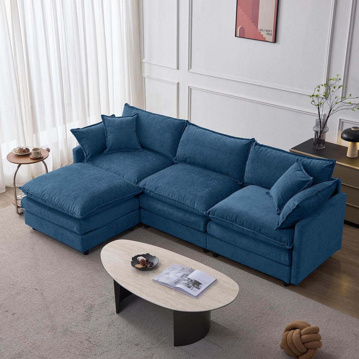 ECKSOFA 267/154/85 cm Blau mit Chaiselongue und Hocker - Blau, Textil (267/154cm) - Oxeza