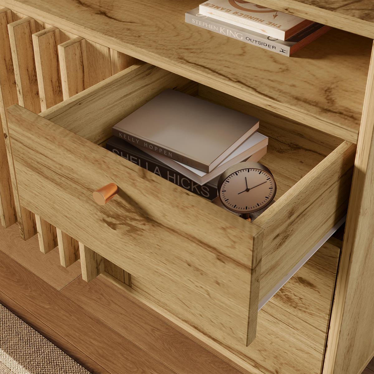 SIDEBOARD in Eichefarben mit Schubladen und offenem Fach für Wohnzimmer, B120/T40/H85 cm - Eichefarben/Schwarz, Holzwerkstoff (120/85/40cm) - STILVORA