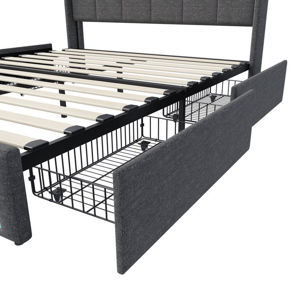 DOPPELBETT 140 x 190 cm mit 4 Schubladen, LED-Kopfteil, USB-/Typ-C-Anschlüssen, Leinen und Lattenrost, grau - Grau, Holzwerkstoff/Textil