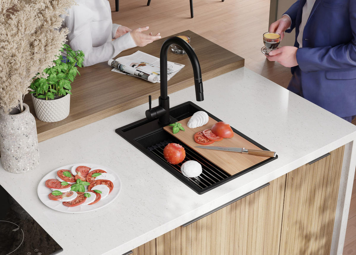 GRANITSPÜLE Oslo Pocket, 2-er set Schwarz 38/53 cm 1 Becken + Küchenarmatur 40/38 cm + Ablauf-Set + Küchenzubehörset ab 40er Unterschrank - Chromfarben/Beige, Kunststoff (38/20/53cm) - Primagran