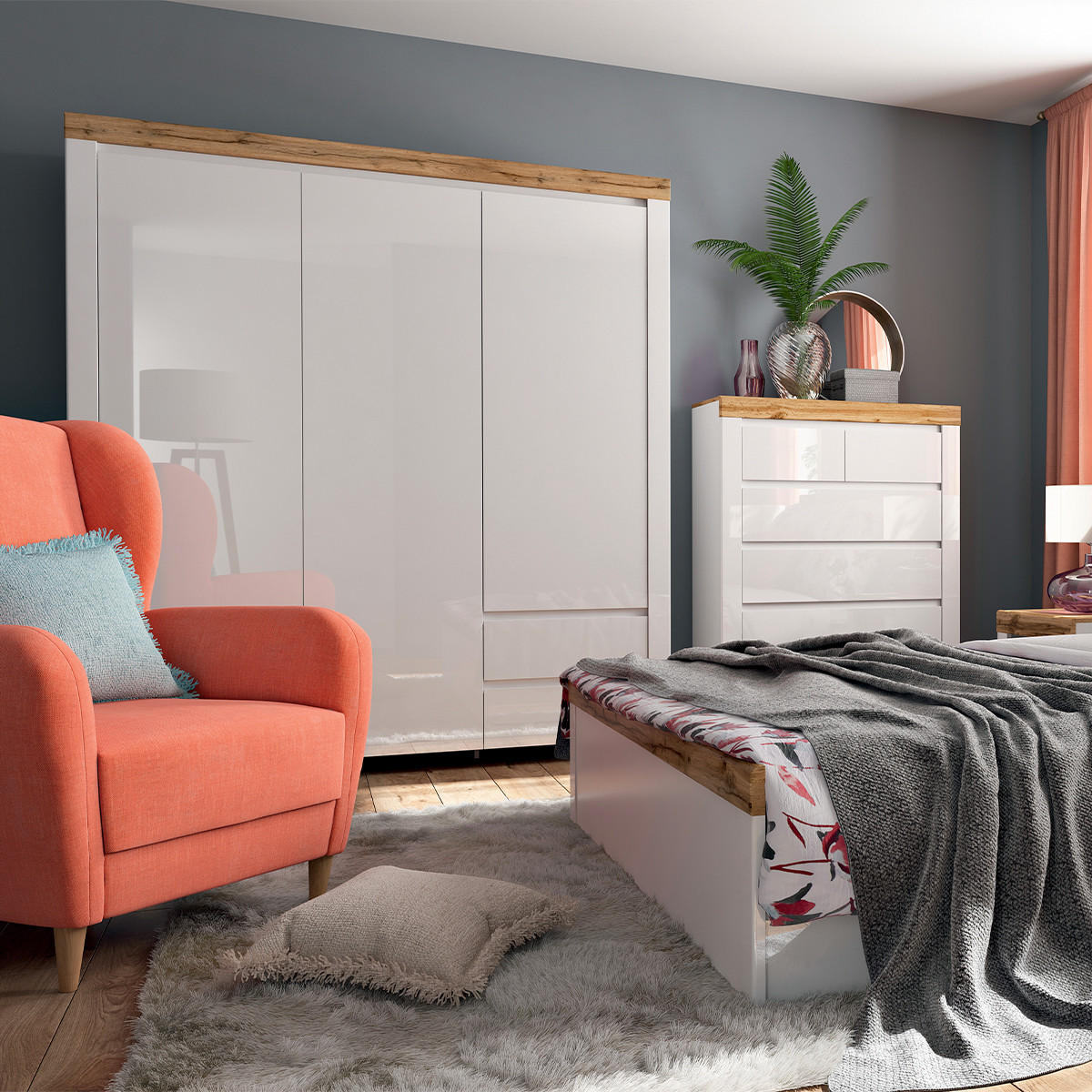 SCHRANK 3 Türen Hella Weiß und Holz - Weiß, Holzwerkstoff (180/203/56cm) - Petits-meubles