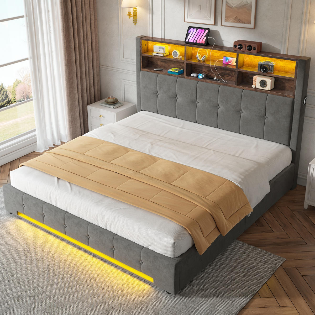 POLSTERBETT 180/200 cm Dunkelgrau mit 6 Fächer, Seitentaschen, USB-C und LED - Dunkelgrau, Textil (180/200cm) - Oxeza