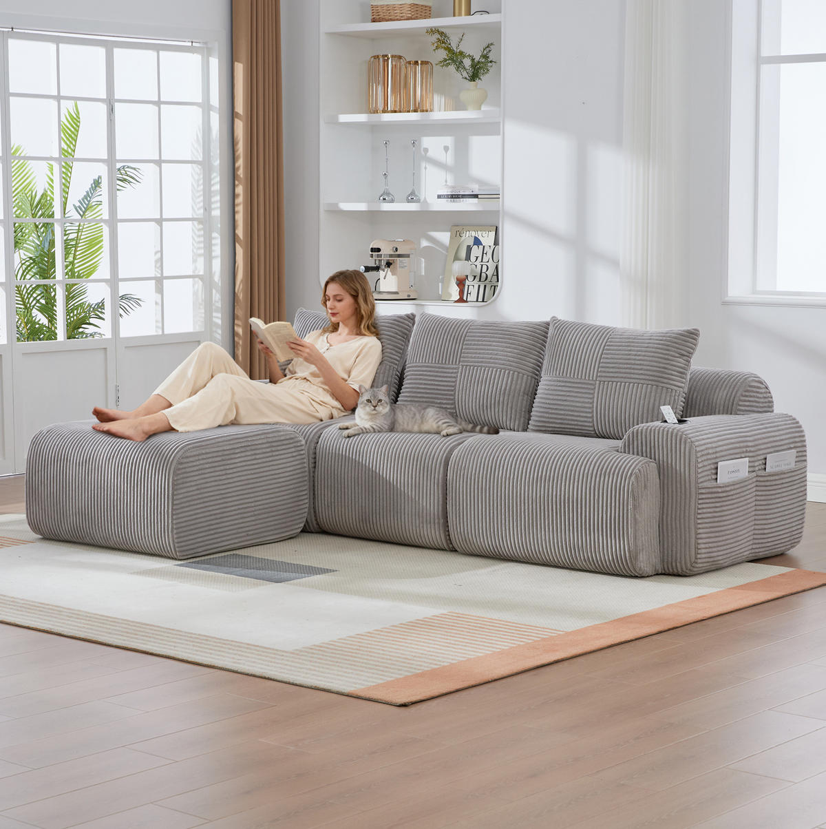 SOFA modular 3-Sitzer 268 x 174 cm Cord Hellgrau mit Hockern - Hellgrau, Kunststoff (174/268cm) - Meubliv