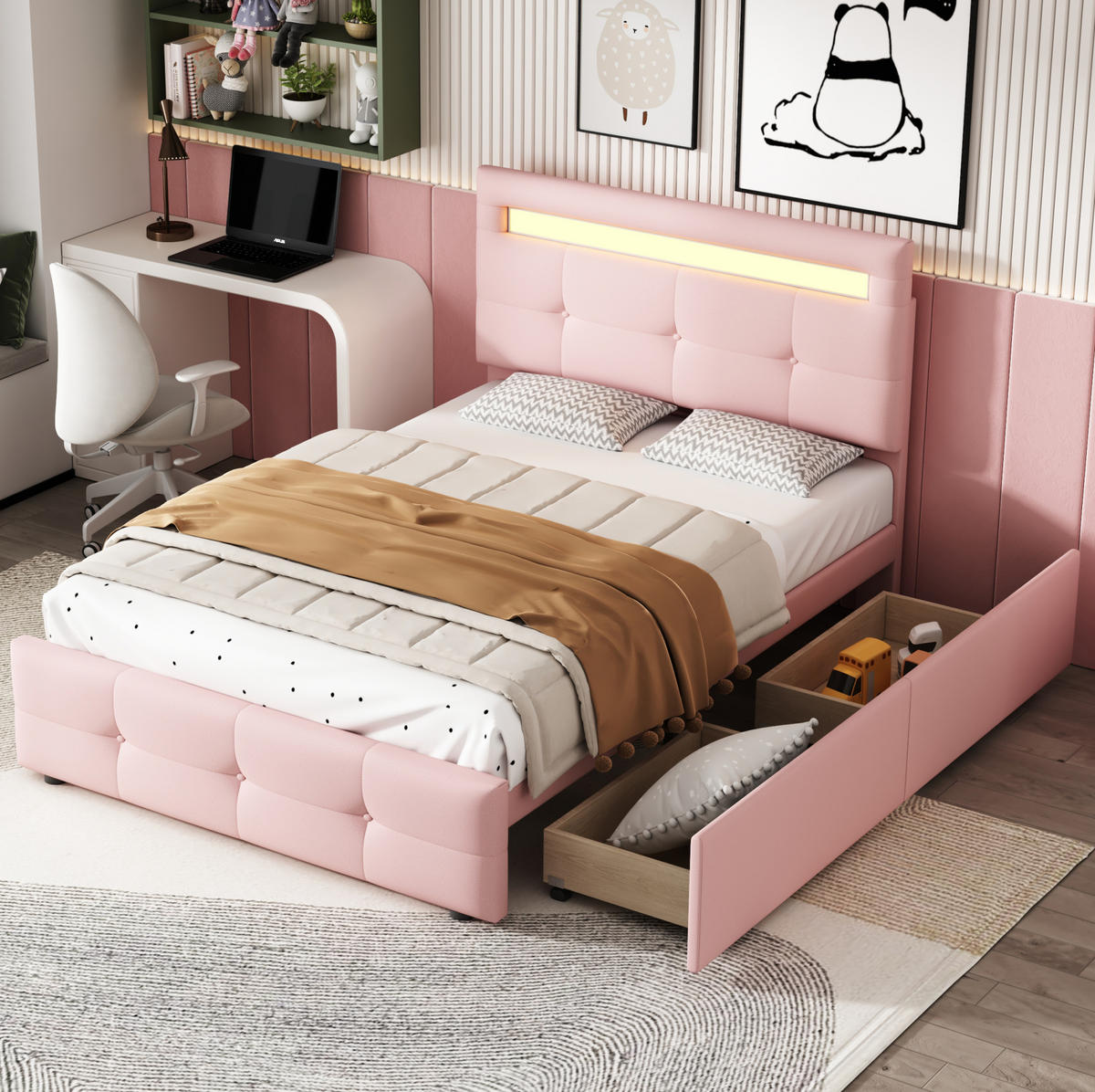 POLSTERBETT 90/200 cm aus Holz mit LED-Beleuchtung und 2 Schubladen Rosa - Pink, Textil (90/200cm) - Modenvie