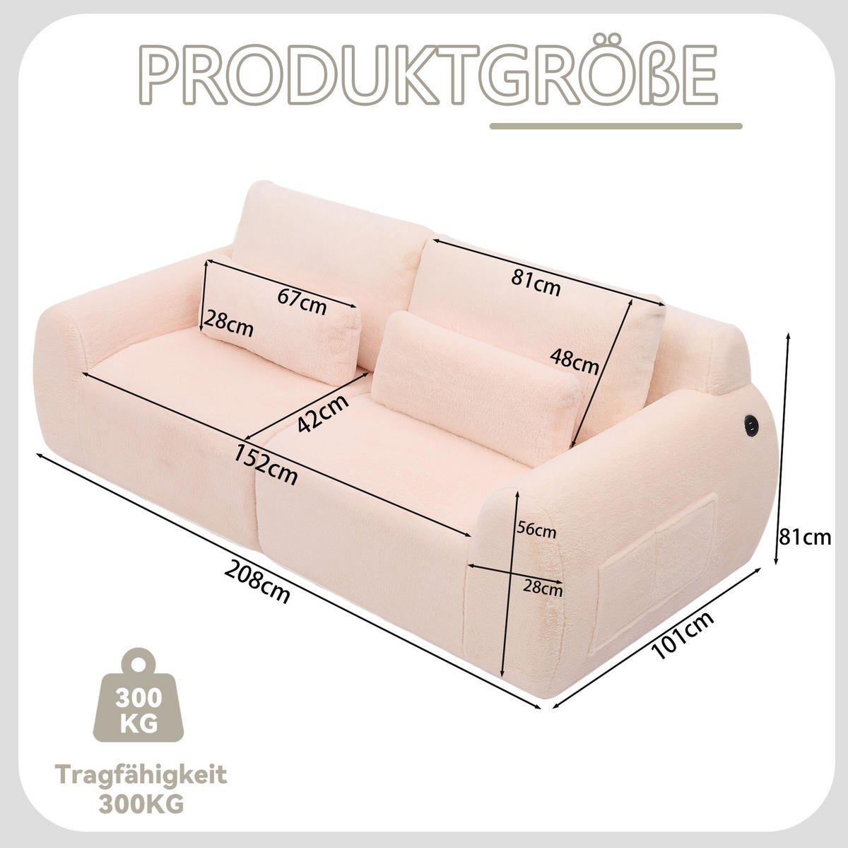 SOFA 2-Sitzer mit USB-Anschluss und Seitentasche Pink - Pink, Kunststoff (208/81/101cm) - Meubliv